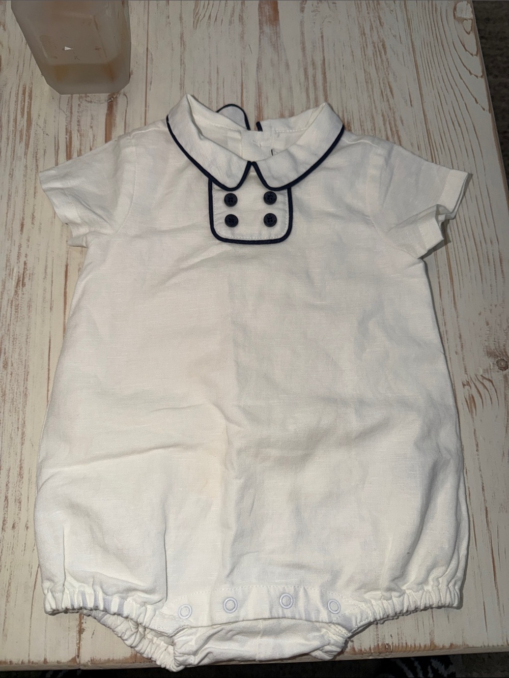 Janie and Jack White Short-Sleeve Baby Romper with Navy Trim